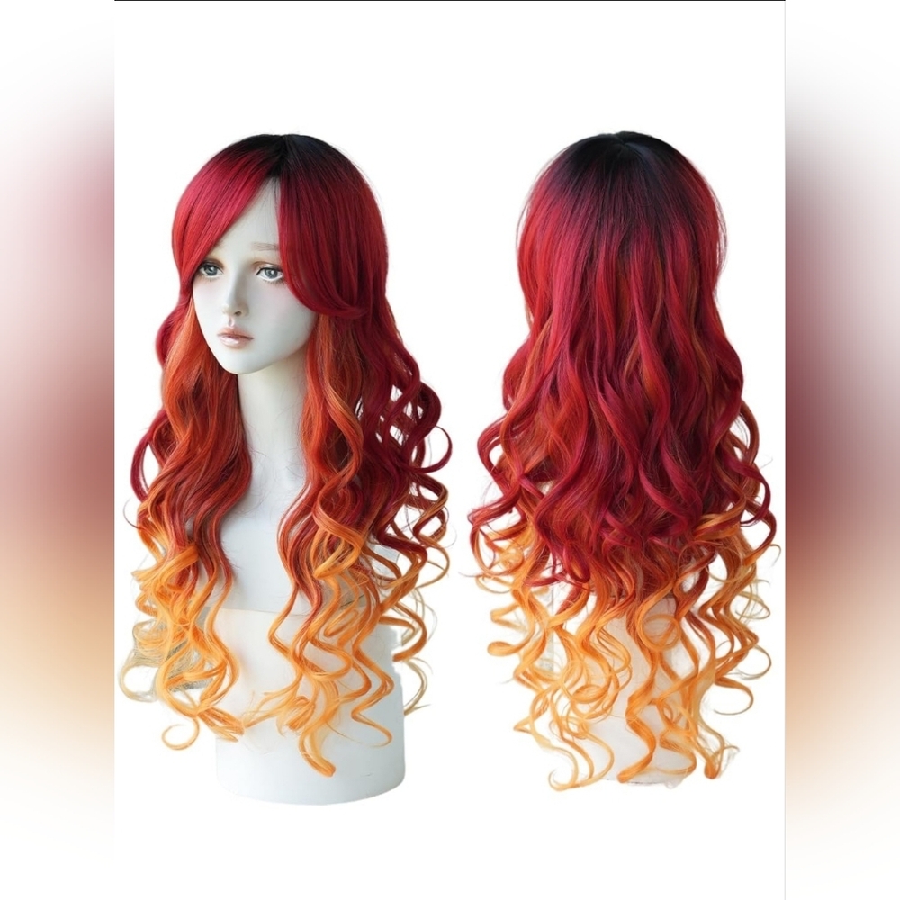 7JHH Long Wavy Ombre Red Orange Wig with Dark Roots Heat Resistance NIB Cosplay